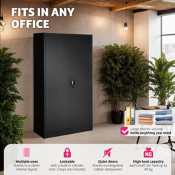 Tectake Filing Cabinet - Locker With 6 Shelf Compartments, Clothes Rail, 2 Wing Doors - 1 - Black - thumbnail 3