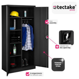 Tectake Filing Cabinet - Locker With 6 Shelf Compartments, Clothes Rail, 2 Wing Doors - 1 - Black - thumbnail 5