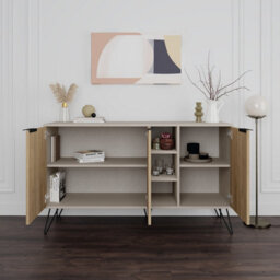Decortie Clara Sideboard Cabinet Modern Storage Shelves Hairpin Legs Sandstone, Oak 142Cm - thumbnail 4