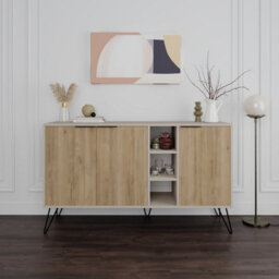 Decortie Clara Sideboard Cabinet Modern Storage Shelves Hairpin Legs Sandstone, Oak 142Cm - thumbnail 1