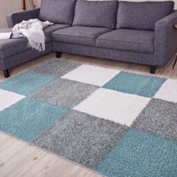 The Rugs Duck Egg Blue Grey And Ivory Soft Checkerboard Design Fluffy Shaggy Rugs And Runners High Pile Living Room Kitchen Hallway 381 - thumbnail 9