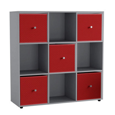 Urbn-Living 9 Cube Grey Wooden Bookcase Shelving Unit With 5 Collapsible Fabric Drawers Red - image 1