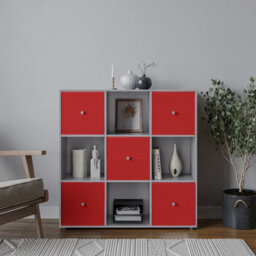 Urbn-Living 9 Cube Grey Wooden Bookcase Shelving Unit With 5 Collapsible Fabric Drawers Red - thumbnail 2