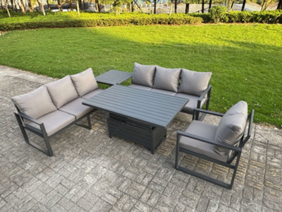 Fimous Aluminium Garden Furniture Sets,7 Seater With Rising Table Side Table Cushions For Yard,poolside, Patio, Dark Grey - image 1