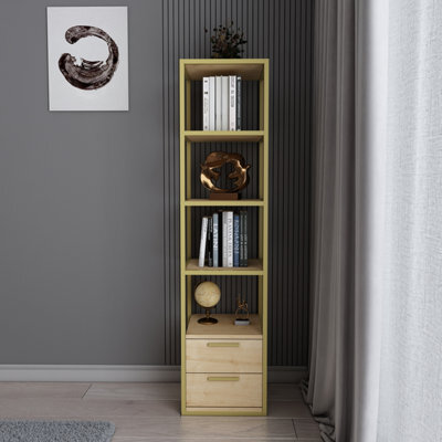 Decorotika Robins 4-Tier Bookcase Bookshelf With Two Drawers (Gold Colour And Oak Pattern) - image 1
