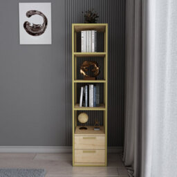 Decorotika Robins 4-Tier Bookcase Bookshelf With Two Drawers (Gold Colour And Oak Pattern)