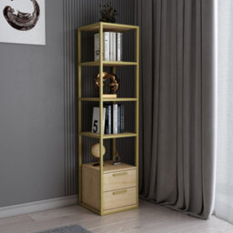 Decorotika Robins 4-Tier Bookcase Bookshelf With Two Drawers (Gold Colour And Oak Pattern) - thumbnail 2
