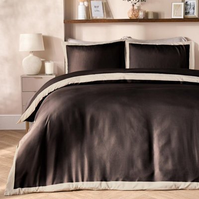 Ohs Contrast Border Microfibre Bedding Set Duvet Cover With Pillowcase, Black/stone - Super King - image 1
