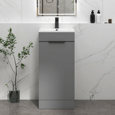 Royal Bathrooms Royal Bathroom Turin 400mm Floor Standing Cloakroom Vanity Unit Ceramic Basin Sink 1 Door Indigo Grey Gloss With Matt Black Handle - image 1