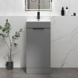 Royal Bathrooms Royal Bathroom Turin 400mm Floor Standing Cloakroom Vanity Unit Ceramic Basin Sink 1 Door Indigo Grey Gloss With Matt Black Handle - thumbnail 1
