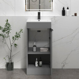 Royal Bathrooms Royal Bathroom Turin 400mm Floor Standing Cloakroom Vanity Unit Ceramic Basin Sink 1 Door Indigo Grey Gloss With Matt Black Handle - thumbnail 5