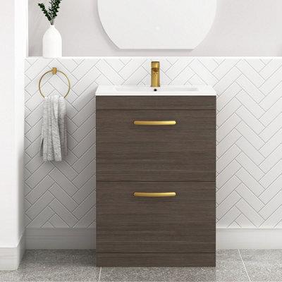 Royal Bathrooms Turin Grey Elm 600mm Floor Standing Vanity Unit 2 Drawer With Minimalist Basin Sink & Brushed Brass Handles - image 1