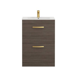Royal Bathrooms Turin Grey Elm 600mm Floor Standing Vanity Unit 2 Drawer With Minimalist Basin Sink & Brushed Brass Handles - thumbnail 6