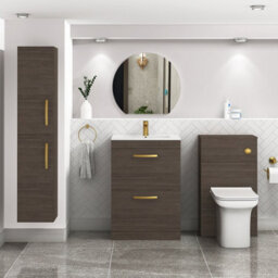 Royal Bathrooms Turin Grey Elm 600mm Floor Standing Vanity Unit 2 Drawer With Minimalist Basin Sink & Brushed Brass Handles - thumbnail 2