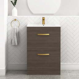 Royal Bathrooms Turin Grey Elm 600mm Floor Standing Vanity Unit 2 Drawer With Minimalist Basin Sink & Brushed Brass Handles - thumbnail 1