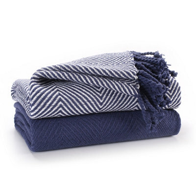 Ehc Luxury Pack Of 2 Chevron Cotton Single Sofa Throw Blanket, 125X 150Cms - Navy Blue - image 1