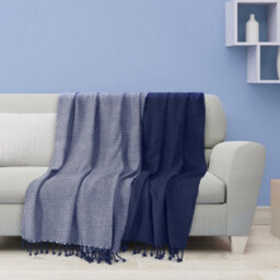Ehc Luxury Pack Of 2 Chevron Cotton Single Sofa Throw Blanket, 125X 150Cms - Navy Blue - thumbnail 2