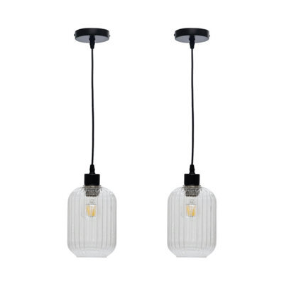 First Choice Lighting Set Of 2 Batley - Clear Ribbed Glass With Black Pendant Fittings - image 1