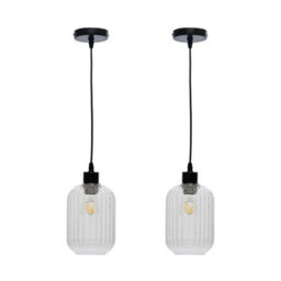 First Choice Lighting Set Of 2 Batley - Clear Ribbed Glass With Black Pendant Fittings - thumbnail 1