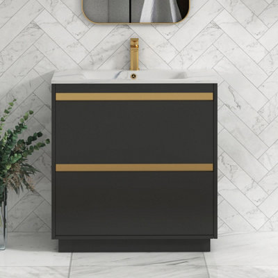Royal Bathrooms 800mm Matt Obsidian Black 2 Drawer Floor Standing Vanity Unit With Carrara White Basin & Brushed Brass Accent Trim - image 1
