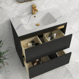 Royal Bathrooms 800mm Matt Obsidian Black 2 Drawer Floor Standing Vanity Unit With Carrara White Basin & Brushed Brass Accent Trim - thumbnail 4