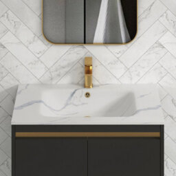 Royal Bathrooms 800mm Matt Obsidian Black 2 Drawer Floor Standing Vanity Unit With Carrara White Basin & Brushed Brass Accent Trim - thumbnail 5
