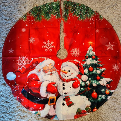 Amorly 90Cm Christmas Tree Skirt With Santa, Snowman And Snowflake Motifs, Farmhouse Style Tree Base Cover For Winter Holiday Party - image 1