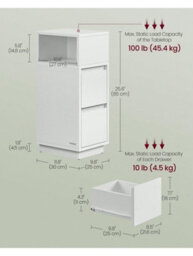 LEDREM Slim Bedside Tables, Set Of 2, Small Narrow Side End Tables With 2 Drawers, 1 Open Compartment Mounted - thumbnail 8