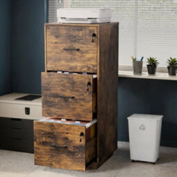 3 Drawer File Cabinet, Lockable Filing Cabinet For A4 Letter, Brown Home Office - thumbnail 1