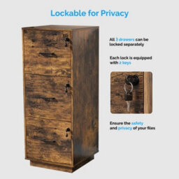 3 Drawer File Cabinet, Lockable Filing Cabinet For A4 Letter, Brown Home Office - thumbnail 6