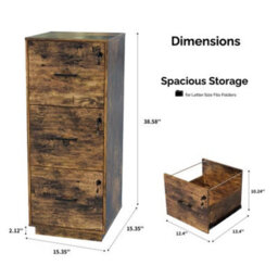 3 Drawer File Cabinet, Lockable Filing Cabinet For A4 Letter, Brown Home Office - thumbnail 2