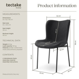 Tectake Set Of 4 Dining Chair Tessa - Ergonomic High Backrest, Slim Steel Legs, Soft Fabric  - Woven Fabric Black/black - thumbnail 6