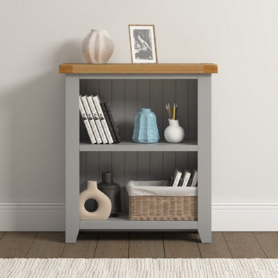 Seconique Windsor Low Bookcase Pebble Grey With Oak Top Fully Assembled - image 1