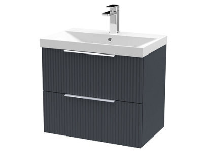 Hudson Reed Fluted Wall Hung 2-Drawer Vanity And Thin-Edge Basin, Contemporary Sink Vanity Unit, Soft Black, 600mm - image 1