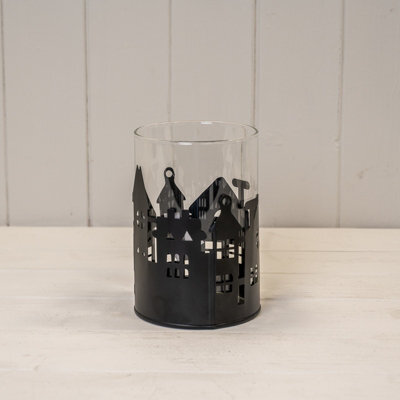 Four Candle Satchville Black Metal House Scene Candle Holder With Glass Insert - image 1