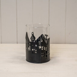 Four Candle Satchville Black Metal House Scene Candle Holder With Glass Insert