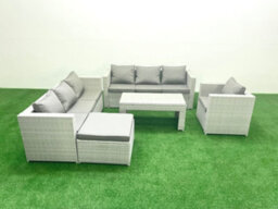 Fimous Wicker Pe Rattan Sofa Garden Furniture Set Oblong Coffee Table Armchair Big Stool Light Grey - thumbnail 2