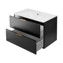 Heze Furniture Flow Wall-Mounted 2 Drawer Bathroom Vanity Cabinet With Basin 80Cm - Black - thumbnail 4