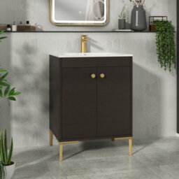 Royal Bathrooms Verona 600mm Walnut Woodgrain Floor Standing Vanity Unit 2 Door With Carrara White Basin & Brushed Brass Knob