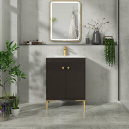 Royal Bathrooms Verona 600mm Walnut Woodgrain Floor Standing Vanity Unit 2 Door With Carrara White Basin & Brushed Brass Knob - thumbnail 4