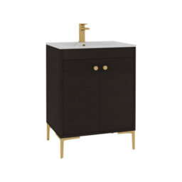 Royal Bathrooms Verona 600mm Walnut Woodgrain Floor Standing Vanity Unit 2 Door With Carrara White Basin & Brushed Brass Knob - thumbnail 6