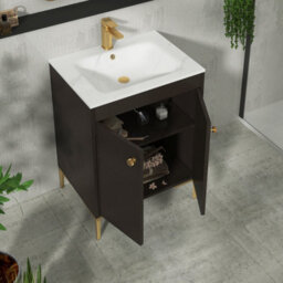 Royal Bathrooms Verona 600mm Walnut Woodgrain Floor Standing Vanity Unit 2 Door With Carrara White Basin & Brushed Brass Knob - thumbnail 5