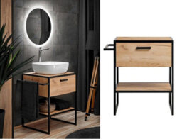 Impact Furniture Freestanding Bathroom Vanity Unit 700mm Countertop Sink Floor Cabinet With Black Metal Towel Rail Oak Loft Industrial Brook