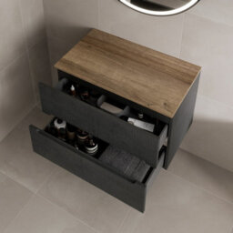 Affine 800mm Bathroom Vanity Unit Oak Countertop Wall Hung Black Fluted Unit No Basin - thumbnail 3