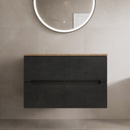 Affine 800mm Bathroom Vanity Unit Oak Countertop Wall Hung Black Fluted Unit No Basin - thumbnail 1