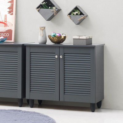 Timber Art Design Modern Shoe Storage Cabinet 2 Doors Footwear Stand Rack Unit Cupboard Dark Grey - image 1