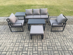 Fimous Aluminium Outdoor Furniture Set 6 Seater Garden Sofa With Coffee Table Big Footstool 2 Armchairs Side Table Dark Grey - thumbnail 2