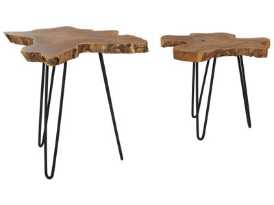Beliani Nest Of 2 Tables, Dark Brown Teak Tops With Black Hairpin Legs, Rustic Nesting Set - image 1