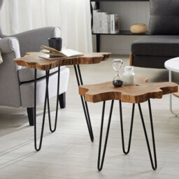 Beliani Nest Of 2 Tables, Dark Brown Teak Tops With Black Hairpin Legs, Rustic Nesting Set - thumbnail 2