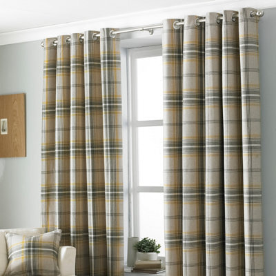 Paoletti Tartan Faux Wool Room Darkening Eyelet Curtain Pair Ochre (W)117Cm X (D)137Cm - image 1